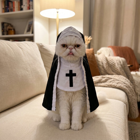 White Persian cat wearing the Purrgatory nun costume