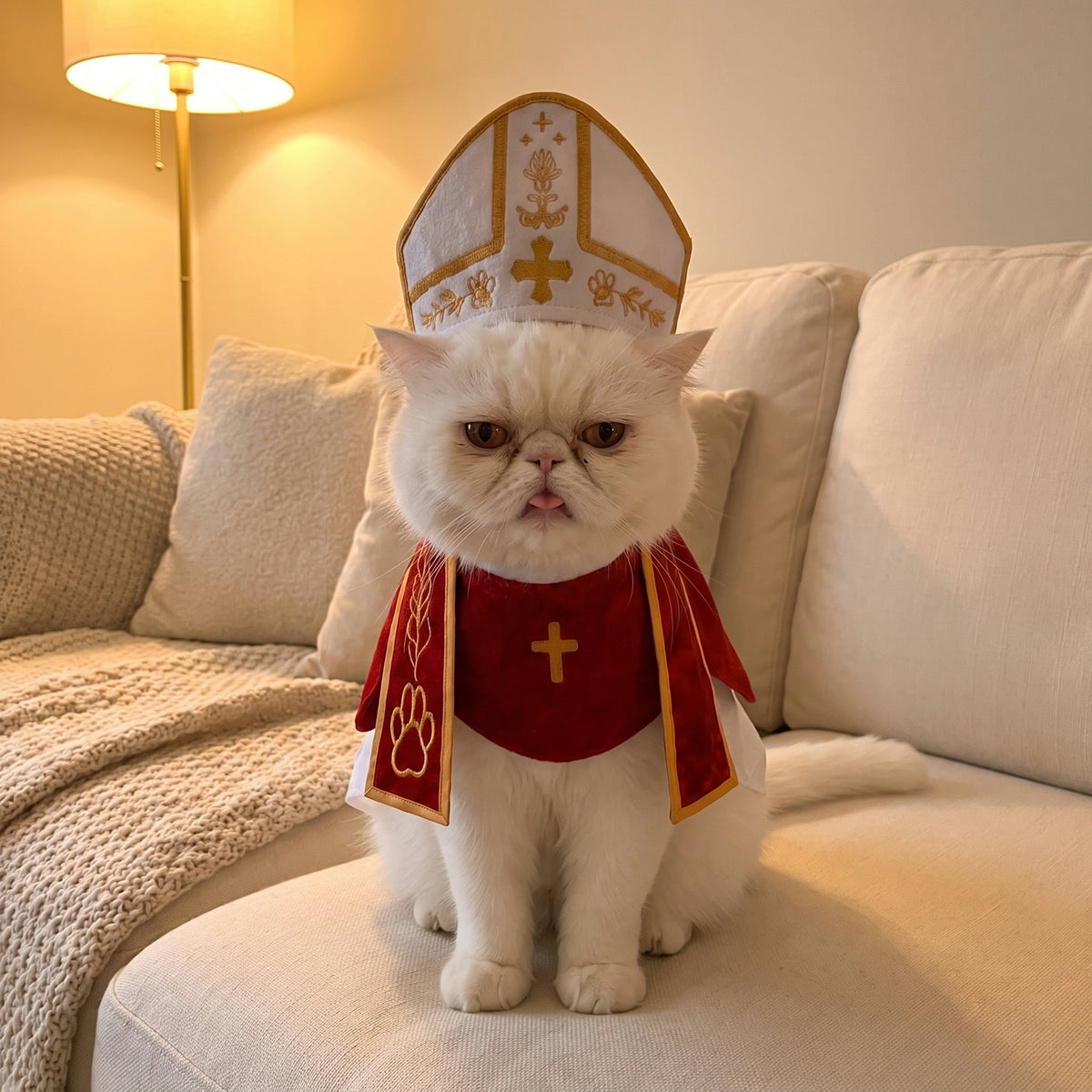 White Persian cat wearing the Purrgatory pope costume