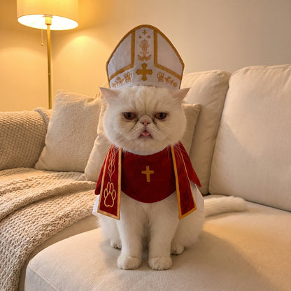 White Persian cat wearing the Purrgatory pope costume