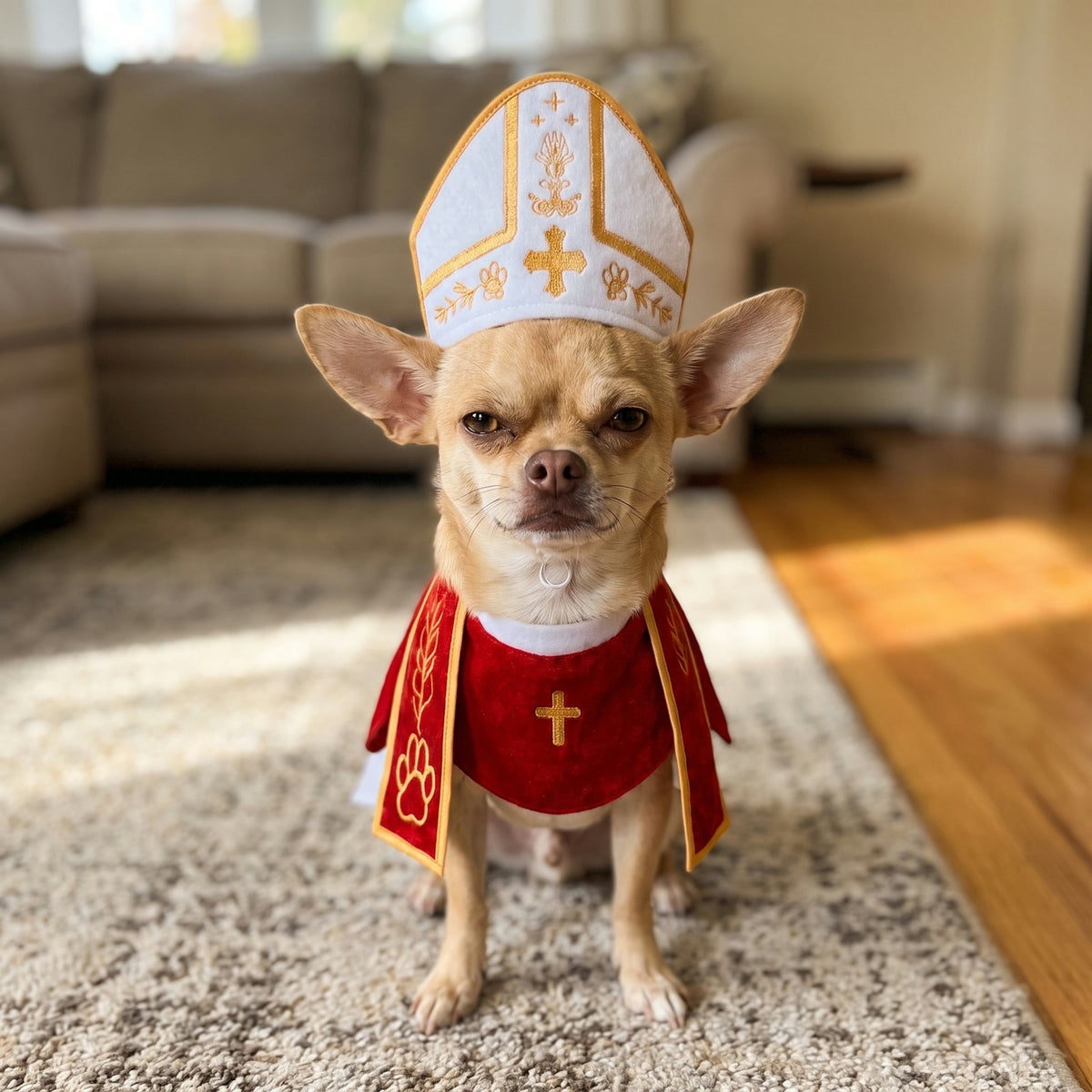 Chihuahua wearing the pope costume